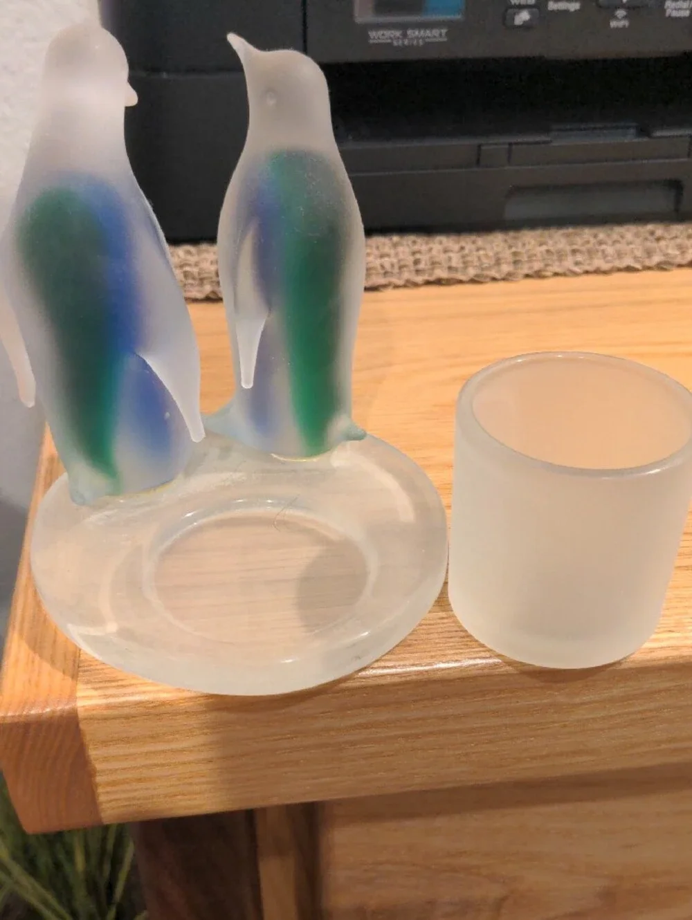 PartyLite Frosted Glass Penguin Pair with Blue and Green Accents